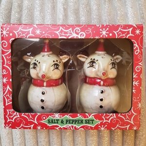 Johanna Parker Reindeers Ceramic Christmas Salt & Pepper Shakers 4" Set of 2 NEW